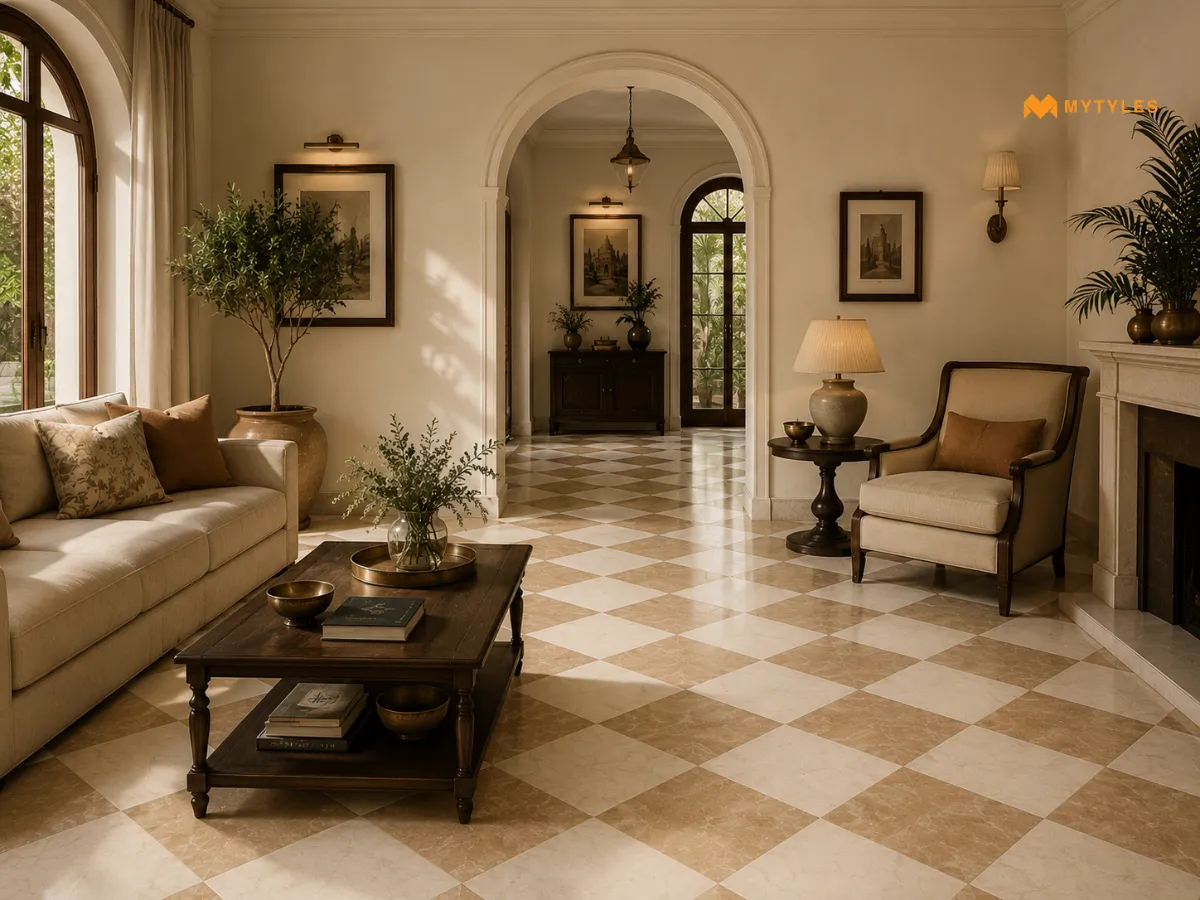 Warm Beige Checkerboard Living Room